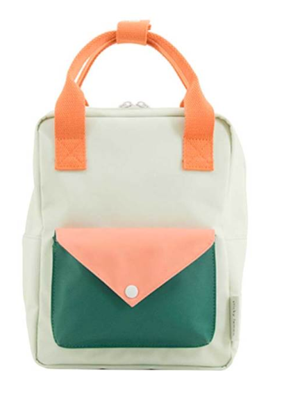 small backpack envelope powder blue/coral orange/grass green